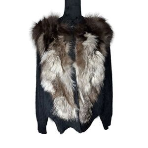 Connie A Lee Womens Brown Black Fox Fur Button Front Cardigan Sweater Jacket M/L